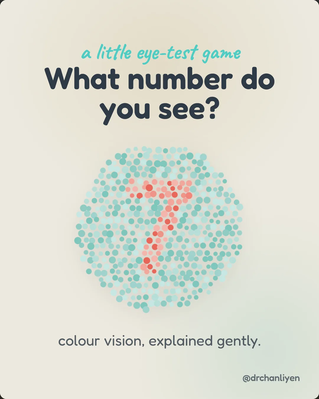 Colour vision, explained gently, slide 1 of 4: A little eye-test game. What number do you see? Colour vision, explained gently.