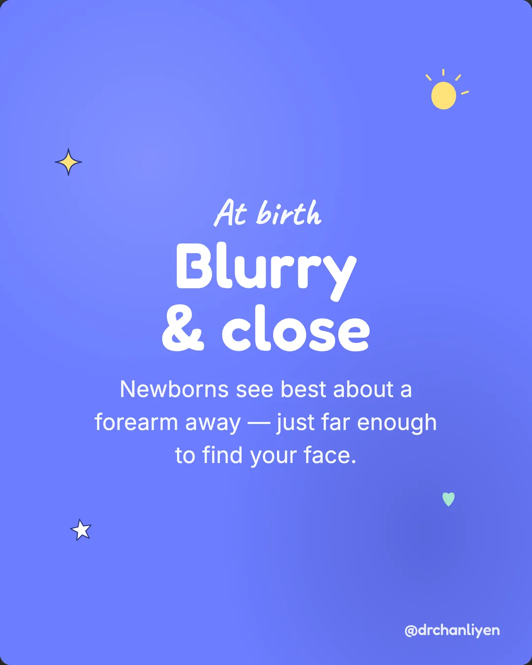 How your baby learns to see in the first year, slide 2 of 6: At birth: blurry and close. Newborns see best about a forearm away, just far enough to find your face.