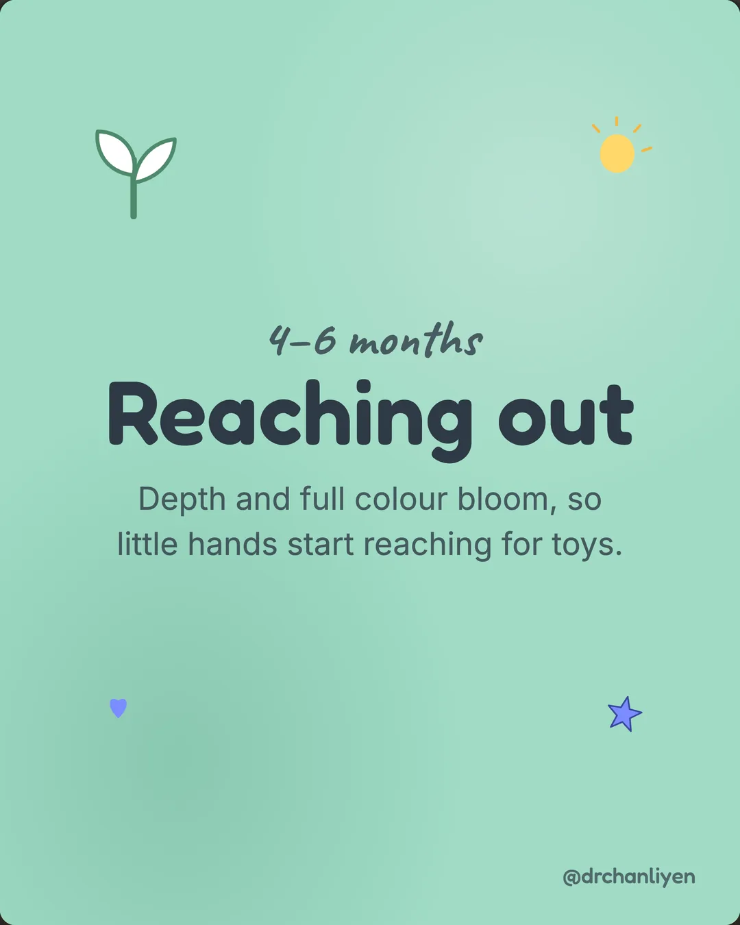How your baby learns to see in the first year, slide 4 of 6: 4 to 6 months: reaching out. Depth and full colour bloom, so little hands start reaching for toys.