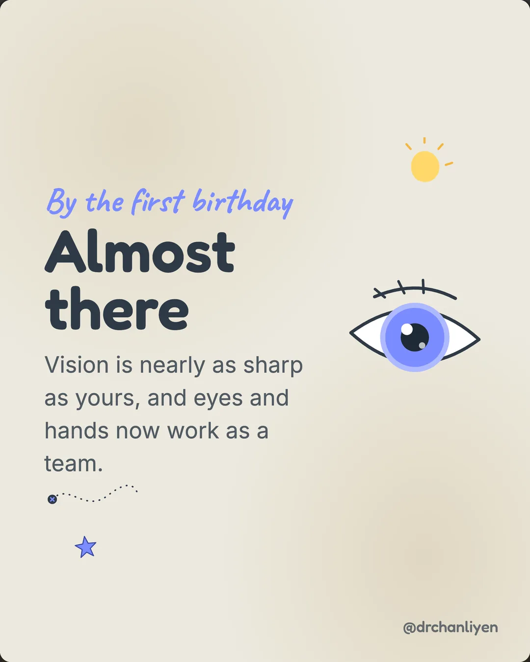 How your baby learns to see in the first year, slide 5 of 6: By the first birthday: almost there. Vision is nearly as sharp as yours, and eyes and hands now work as a team.